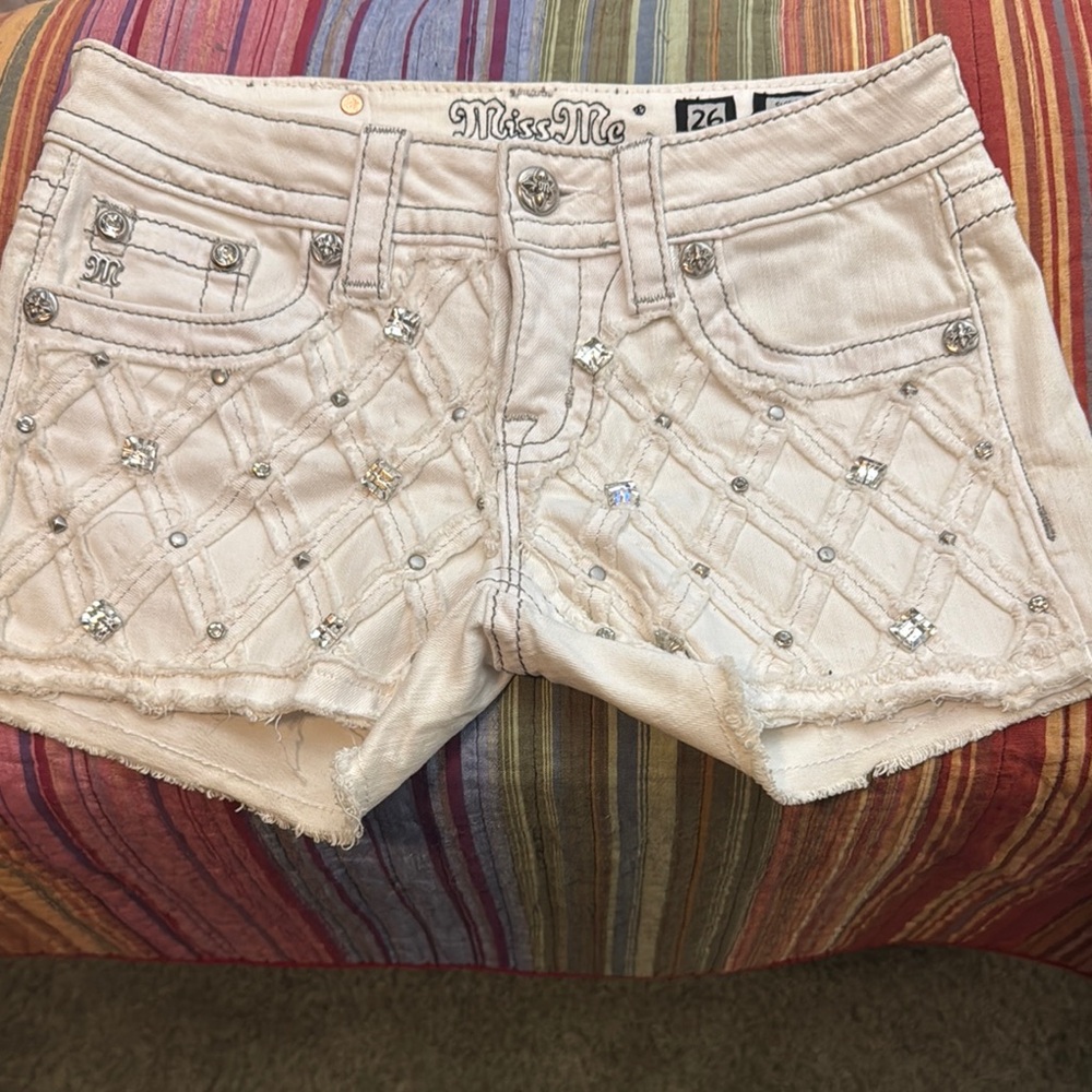 Miss Me White Jean Shorts with Rhinestone Embellishments